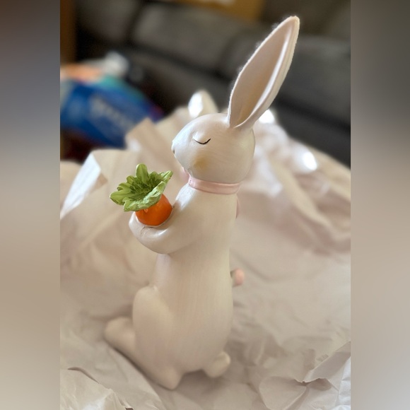 Easter Bunny Wearing Pink Bow Holding a Carrot. 11 inches tall - Picture 3 of 3